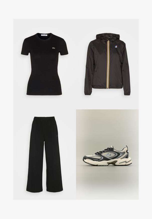 Must värvitud kerge jope kapuutsiga, millel on keskmine luku ja punased, kollased ning valged triibud, samuti logo vasakul rinnal.; Must mustriba lühikeste varrukatega T-särk, ümarate kaelustega, millel on vasakul rinnal väike roheline Lacoste krokodilli logo.; Mustad laiad püksid elastse vöökohtaga. Valmistatud pehmest ja kergest materjalist. Ees on vertikaalsed õmblused.; Musthave ja beezid võrkmaterjalist tossud, millel on polsterdatud krae, tekstuuriga pealmine osa ja silmapaistev logo külgedel. Sujuv disain kumerate tallaga.