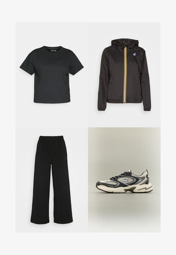 Svart lättviktsjacka med huva, har en central dragkedja med röda, gula och vita ränder, samt en logotyp på vänster bröst.; Svart kortärmad t-shirt i mjukt material. Kort ärm, rund halsringning och diskret logotyp framtill. Rakt avslut, minimalistisk design.; Svarta vida byxor med elastisk midja. Tillverkade av ett mjukt, lätt material. Har vertikala sömmar fram.; Svarta och beige nät sneakers har en vadderad krage, texturerad ovandel och en framträdande logotyp på sidan. Snygg design med böjd sula.