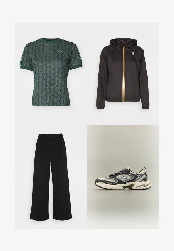 Melnā vieglā jaka ar cepuri, centrāla rāvējslēdzis ar sarkaniem, dzelteniem un baltiem svītrām, un logo uz kreisā krūšu kabatā.; Īsām piedurkņu zaļā T-krekla ar ģeometrisku rakstu gaiši zaļā krāsā, ar apaļo kakla izgriezumu un mazu logotipu uz krūtīm. Tekstūrēta auduma.; Melni platās bikses ar elastīgu jostu. Izgatavotas no mīksta, viegla materiāla. Iezīmē vertikālas šuves gar priekšpusi.; Melnas un bēšas režģa kedas ar mīkstinātu apkakli, teksturētu augšdaļu un izteiktu logo uz sāna. Sleek dizains ar izliekta zoli.