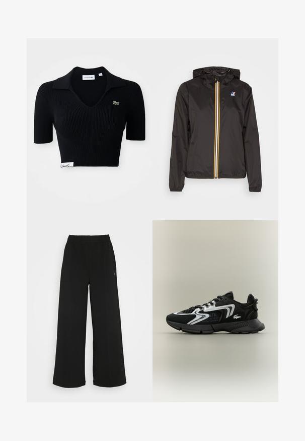 Czarna, lekka kurtka z kapturem, z centralnym zamkiem błyskawicznym z czerwonymi, żółtymi i białymi paskami oraz logo na lewym piersi.; Czarny krótki polo z rypsowej tkaniny z dekoltem w kształcie V, krótkimi rękawami i zielonym haftowanym logo po lewej stronie klatki piersiowej. Biała metka u dołu.; Czarne spodnie o szerokich nogawkach z elastycznym pasem. Wykonane z miękkiego, lekkiego materiału. Posiada pionowe szwy na przodzie.; Czarne buty sportowe z siateczkowymi panelami, srebrnymi akcentami i fakturowanymi czarnymi nakładkami. Posiadają sznurówki i zakrzywioną, mocną podeszwę.