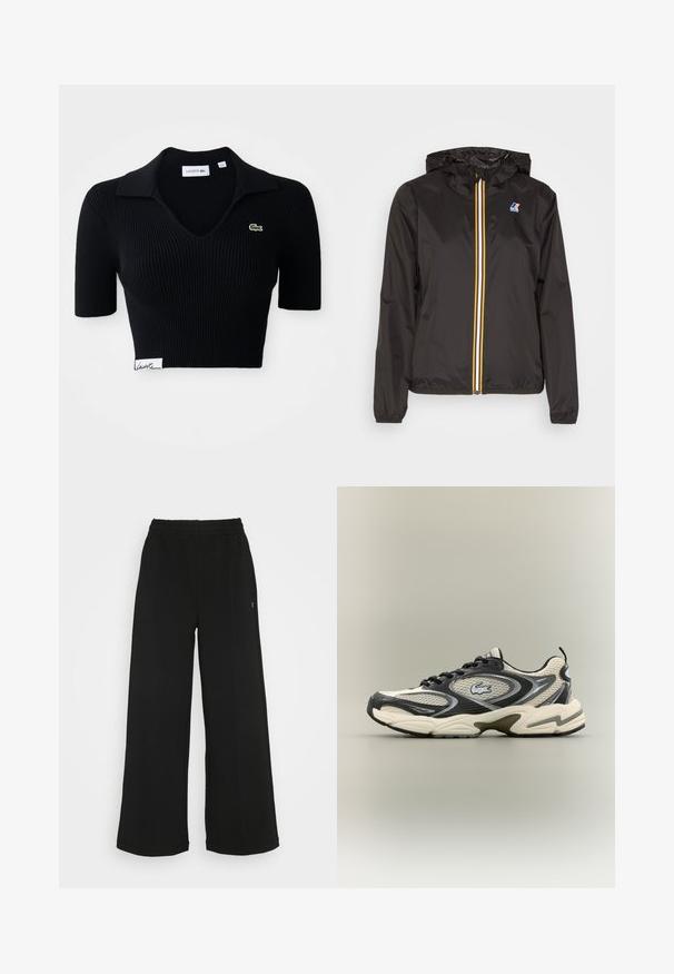 Čierna ľahká bunda s kapucňou, má stredný zips s červenými, žltými a bielymi pruhmi a logom na ľavom prsníku.; Čierna skrátená polo košeľa vyrobená z rebrovanej tkaniny s výstrihom do V, krátkymi rukávmi a zeleným vyšívaným logom na ľavej hrudi. Biela nášivka na leme.; Čierne široké nohavice s elastickým pásom. Vyrobené z mäkkého, ľahkého materiálu. Obsahujú vertikálne švy po prednej strane.; Čierne a béžové sieťované tenisky majú polstrovaný golier, textúrovaný zvršok a výrazné logo na boku. Elegantný dizajn s zakrivenou podrážkou.