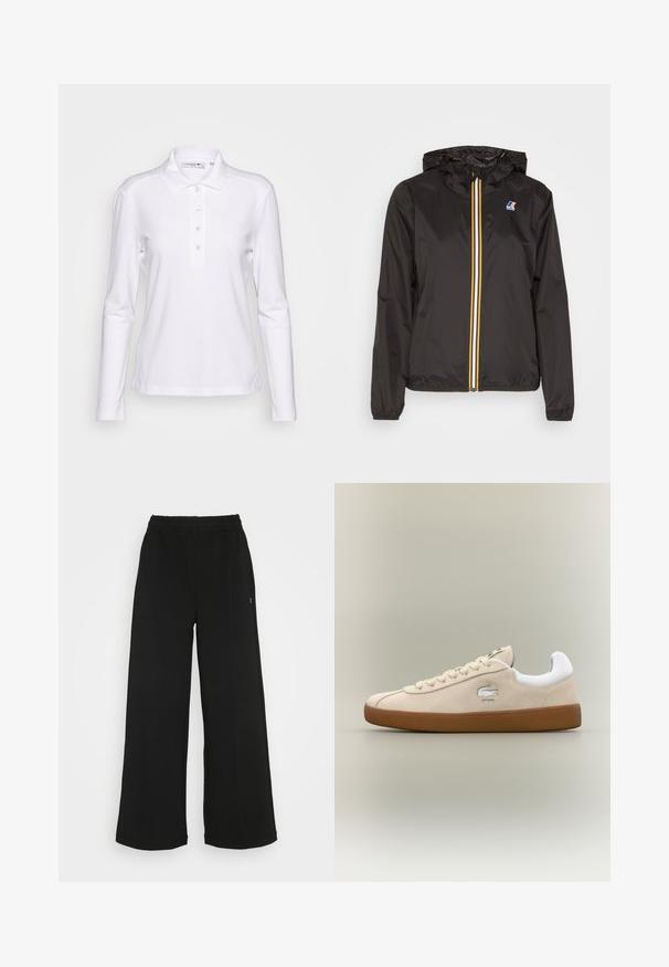 Sort letvægtsjakke med hætte, har en central lynlås med røde, gule og hvide striber, samt et logo på venstre bryst.; Hvid langærmet polo-shirt lavet af bomuldsblanding, med en knaplukning og et lille broderet logo på brystet. Glat tekstur.; Sorte brede bukser med elastisk talje. Fremstillet af et blødt, let materiale. Har lodrette syninger foran.; Beige ruskinds sneakers med hvide detaljer og gummisål. Har et hævet logo på siden og kontrasterende beige snørebånd. Klassisk design.