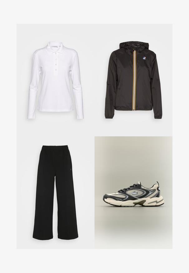 Sort letvægtsjakke med hætte, har en central lynlås med røde, gule og hvide striber, samt et logo på venstre bryst.; Hvid langærmet polo-shirt lavet af bomuldsblanding, med en knaplukning og et lille broderet logo på brystet. Glat tekstur.; Sorte brede bukser med elastisk talje. Fremstillet af et blødt, let materiale. Har lodrette syninger foran.; Sorte og beige mesh sneakers har en polstret krave, tekstureret overdel og en fremtrædende logo på siden. Slank design med bøjet sål.