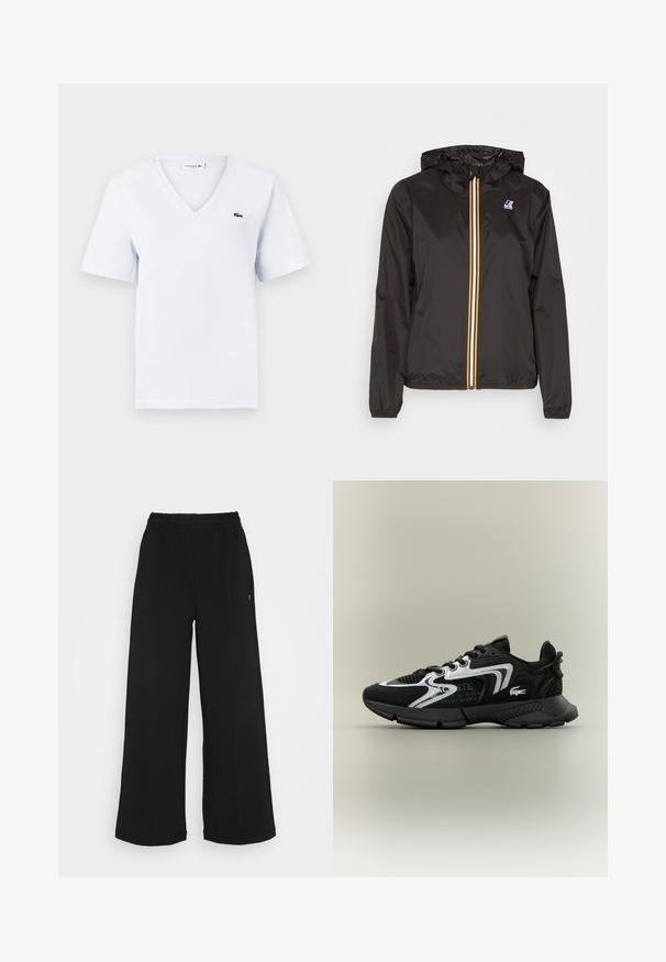 Černá lehká bunda s kapucí, která má centrální zip s červenými, žlutými a bílými pruhy, a logem na levém prsu.; Světle modré bavlněné tričko s krátkými rukávy, výstřihem do V a malým zeleným krokodýlem Lacoste na levé straně hrudi. Jemná textura.; Černé široké kalhoty s elastickým pasem. Vyrobené z měkkého, lehkého materiálu. Obsahují vertikální švy na přední straně.; Černé sportovní boty s mesh panely, stříbrnými akcenty a texturovanými černými překryvy. Obsahují šňůrky a zakřivenou, robustní podešev.