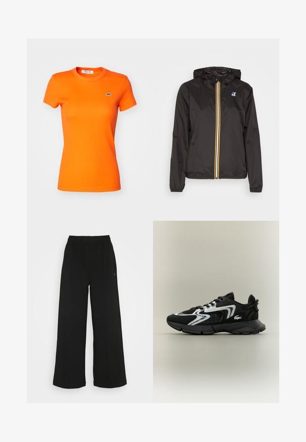 Svart lättviktsjacka med huva, har en central dragkedja med röda, gula och vita ränder, samt en logotyp på vänster bröst.; Lacoste T-shirt - bas - buoy; Svarta vida byxor med elastisk midja. Tillverkade av ett mjukt, lätt material. Har vertikala sömmar fram.; Svarta sportskor med meshnätpaneler, silveraccenter och texturerade svarta överdrag. Har snören och en böjd, robust sula.