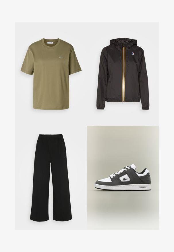 Sort letvægtsjakke med hætte, har en central lynlås med røde, gule og hvide striber, samt et logo på venstre bryst.; Oliven grøn bomulds t-shirt med korte ærmer, rund halsudskæring og et lille broderet krokodille-logo på venstre bryst.; Sorte brede bukser med elastisk talje. Fremstillet af et blødt, let materiale. Har lodrette syninger foran.; Sort og hvid Lacoste sneakers med hvide snørebånd, perforeret tå, krokodillelogo på siden og mærket sål på en neutral baggrund.
