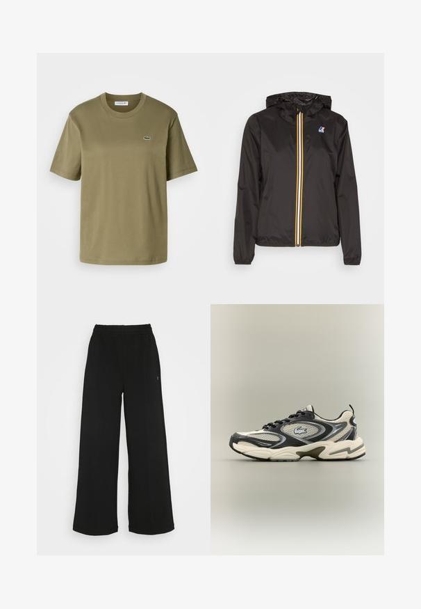 Sort letvægtsjakke med hætte, har en central lynlås med røde, gule og hvide striber, samt et logo på venstre bryst.; Oliven grøn bomulds t-shirt med korte ærmer, rund halsudskæring og et lille broderet krokodille-logo på venstre bryst.; Sorte brede bukser med elastisk talje. Fremstillet af et blødt, let materiale. Har lodrette syninger foran.; Sorte og beige mesh sneakers har en polstret krave, tekstureret overdel og en fremtrædende logo på siden. Slank design med bøjet sål.
