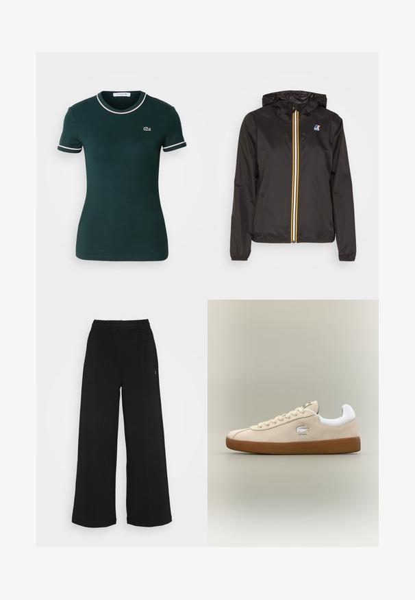 Črna lahka jakna z kapuco, ima osrednji zadrgo z rdečimi, rumenimi in belimi črtami ter logotipom na levi prsni strani.; Temno zelena kratka majica, oprijetega kroja, z belimi obrobami na ovratniku in rokavih, z majhnim logotipom Lacoste na prsih.; Črne široke hlače s elastičnim pasom. Narejene so iz mehkega, lahko materiala. Imajo vertikalne šive spredaj.; Bež usnjeni športni copati z belimi poudarki in gumijastim podplatom. Imajo izbočeno logotip na strani in kontrastne bež vezalke. Klasična zasnova.
