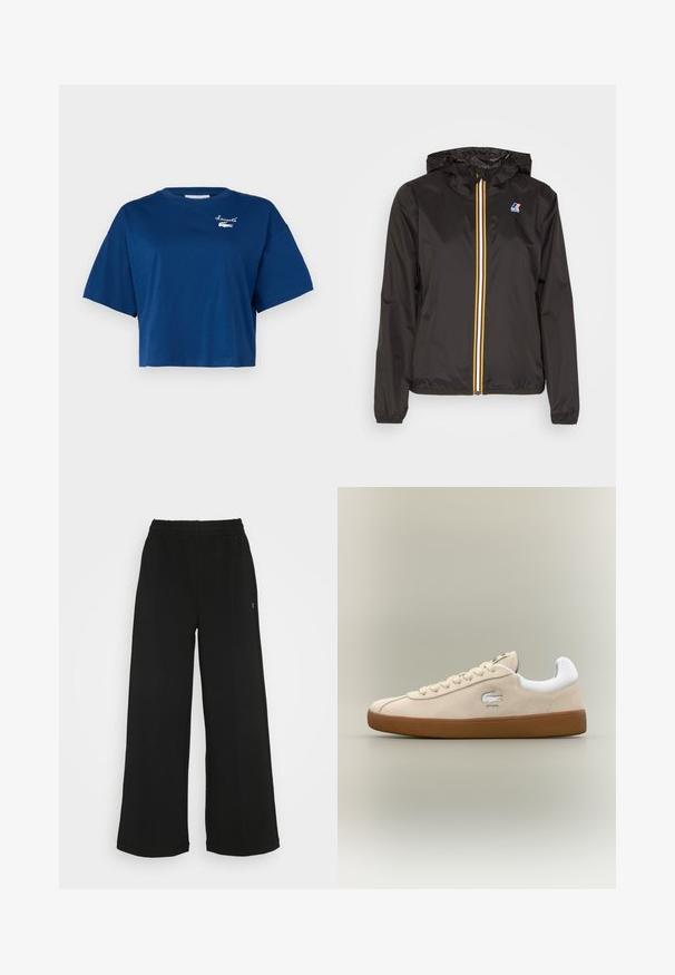 Črna lahka jakna z kapuco, ima osrednji zadrgo z rdečimi, rumenimi in belimi črtami ter logotipom na levi prsni strani.; Kratka majica s kratkimi rokavi iz temno modrega bombaža. Ima belo izvezeno blagovno znamko na prsih. Gladka tekstura s okroglim izrezom.; Črne široke hlače s elastičnim pasom. Narejene so iz mehkega, lahko materiala. Imajo vertikalne šive spredaj.; Bež usnjeni športni copati z belimi poudarki in gumijastim podplatom. Imajo izbočeno logotip na strani in kontrastne bež vezalke. Klasična zasnova.