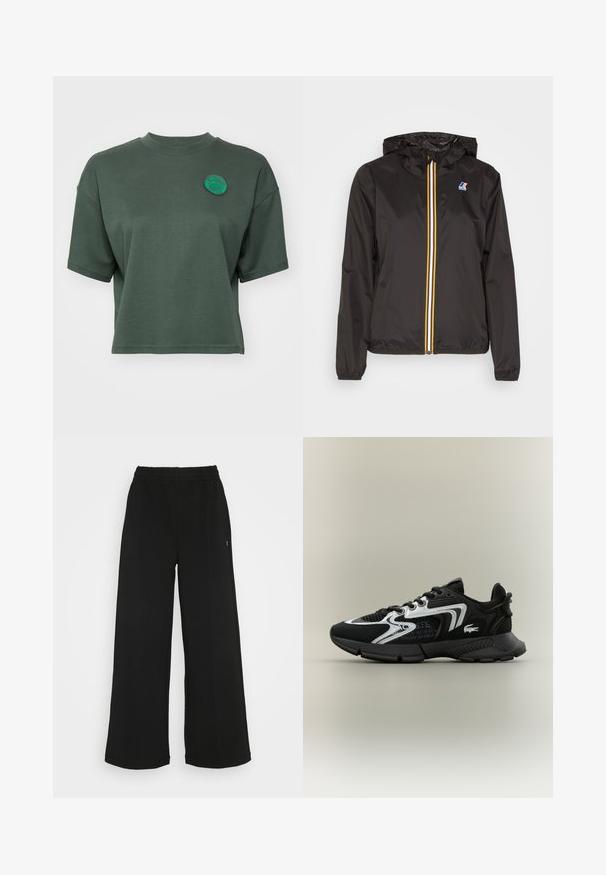 Czarna, lekka kurtka z kapturem, z centralnym zamkiem błyskawicznym z czerwonymi, żółtymi i białymi paskami oraz logo na lewym piersi.; Koszulka typu crop z krótkim rękawem, wykonana z miękkiego zielonego materiału, z okrągłym dekoltem i haftowanym okrągłym logo na piersi.; Czarne spodnie o szerokich nogawkach z elastycznym pasem. Wykonane z miękkiego, lekkiego materiału. Posiada pionowe szwy na przodzie.; Czarne buty sportowe z siateczkowymi panelami, srebrnymi akcentami i fakturowanymi czarnymi nakładkami. Posiadają sznurówki i zakrzywioną, mocną podeszwę.