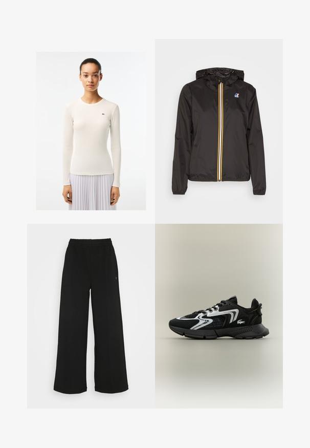 Čierna ľahká bunda s kapucňou, má stredný zips s červenými, žltými a bielymi pruhmi a logom na ľavom prsníku.; Biela blúzka s dlhým rukávom a rebrovým vzorom, okrúhlym výstrihom a malým zeleným logom na ľavej strane. Hladký povrch látky.; Čierne široké nohavice s elastickým pásom. Vyrobené z mäkkého, ľahkého materiálu. Obsahujú vertikálne švy po prednej strane.; Čierne športové topánky s sieťovanými panelmi, striebornými akcentmi a textúrovanými čiernymi prekrytiami. Obsahujú šnúrky a zakrivenú, pevnú podrážku.