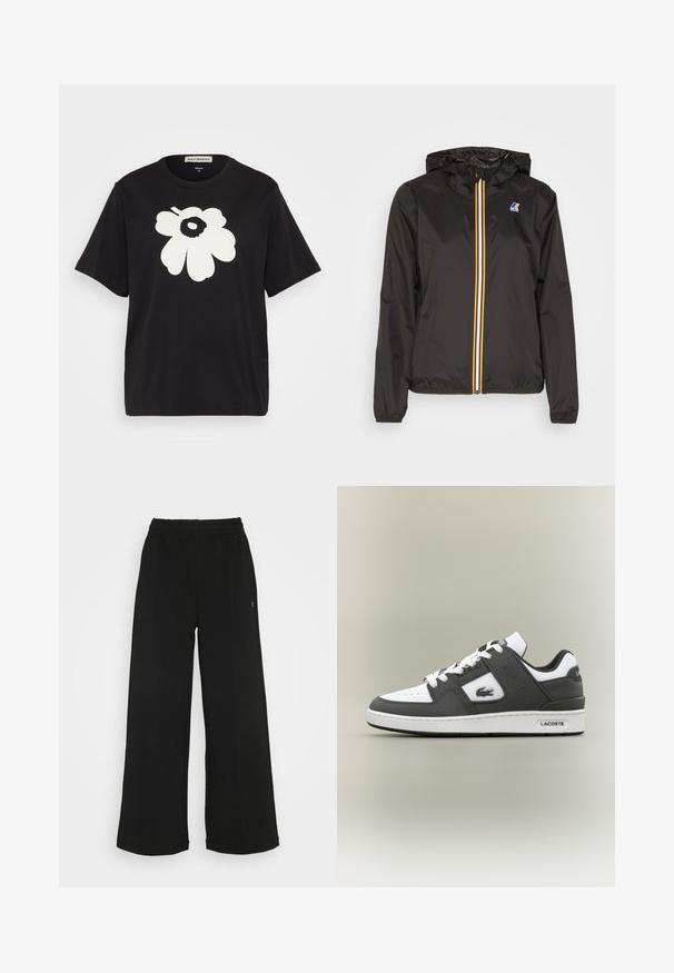 Black lightweight jacket with a hood, features a central zipper with red, yellow, and white stripes, and a logo on the left chest.; Black cotton t-shirt featuring a large white floral design on the front, short sleeves, and a relaxed fit. Label displayed at the neck.; Black wide-leg pants with an elastic waistband. Made from a soft, lightweight material. Features vertical seams along the front.; Black and white Lacoste sneaker with white laces, perforated toe, crocodile logo on side, and branded sole on a neutral background.