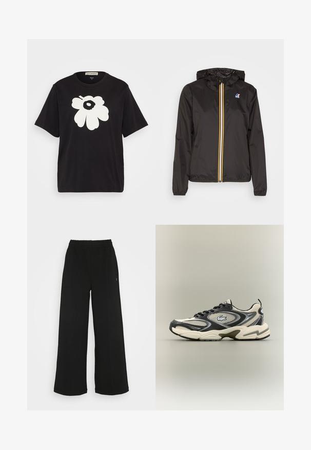 Black lightweight jacket with a hood, features a central zipper with red, yellow, and white stripes, and a logo on the left chest.; Black cotton t-shirt featuring a large white floral design on the front, short sleeves, and a relaxed fit. Label displayed at the neck.; Black wide-leg pants with an elastic waistband. Made from a soft, lightweight material. Features vertical seams along the front.; Black and beige mesh sneakers feature a padded collar, textured upper, and prominent logo on the side. Sleek design with curved sole.