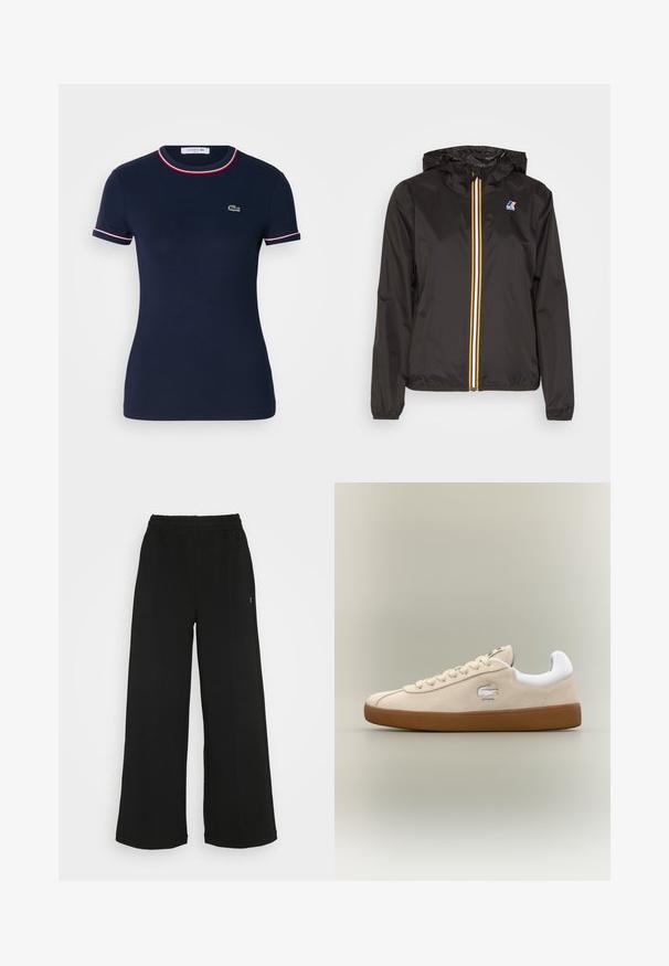 Melnā vieglā jaka ar cepuri, centrāla rāvējslēdzis ar sarkaniem, dzelteniem un baltiem svītrām, un logo uz kreisā krūšu kabatā.; Navy zils kokvilnas T-krekls ar apaļu kaklu, īsām piedurknēm un sarkanu un balto apdari. Tam ir neliels zaļš logo kreisajā krūtī.; Melni platās bikses ar elastīgu jostu. Izgatavotas no mīksta, viegla materiāla. Iezīmē vertikālas šuves gar priekšpusi.; Beige zamšas čības ar baltām akcentiem un gumijas zoli. Ir paaugstināts logo sānos un kontrastējošas beige krāsas šņores. Klasisks dizains.