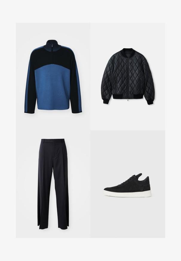 Veste bomber matelassée noire avec un col rond, fermeture éclair devant et poignets et ourlet en tricot côtelé. Fabriquée à partir d'un matériau lisse et léger.; Pull-over zippé bleu et noir avec un col montant, texture côtelée et manches longues ; présente un motif dégradé avec des blocs de couleur horizontaux.; Pantalon noir taille haute à pattes larges, en tissu lisse. Présente des plis sur le devant et des passants de ceinture. Design minimaliste, sans matériel visible.; Baskets en daim noir avec une semelle en caoutchouc blanc, présentant des coutures tonales et un design lacé. Texture lisse avec une forme moderne et épurée.