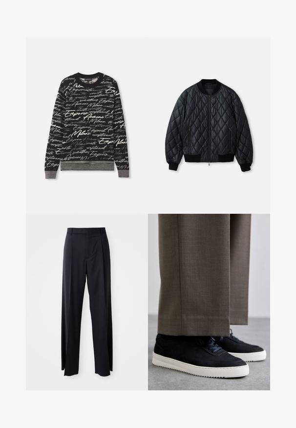 Casaco bomber acolchoado preto com decote redondo, fecho frontal e punhos e bainha em malha canelada. Feito de material suave e leve.; Sweater preto com um padrão texturizado de escrita branca semelhante à manuscrita. Punhos e cintura canelados, decote redondo, tecido de peso médio.; Calças pretas de cintura alta, com corte amplo, feitas de um tecido suave. Apresentam pregas frontais e passadores para cinto. Design minimalista, sem hardware visível.; Sapatilhas de camurça pretas com solas de borracha brancas, apresentando um bico arredondado e atacadores, usadas com calças cinzas ajustadas.