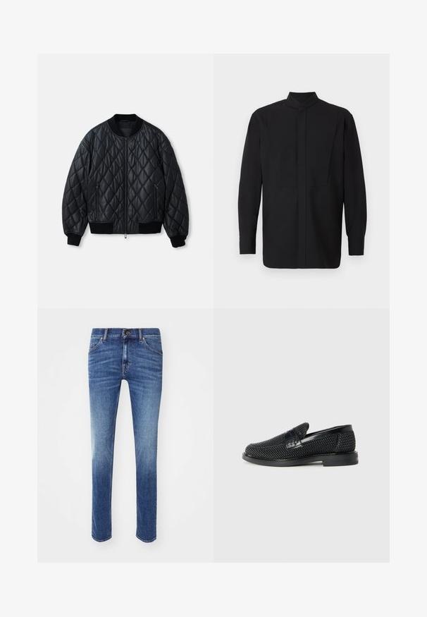 Juodas paklijuotas bomberis su apvaliomis apykaklėmis, priekiniu užtrauktuku ir perdirbto megztinio rankogaliais bei apačia. Pagamintas iš lygaus, lengvo medžiagos.; Juoda ilgomis rankovėmis marškinėliai su aukštu apykakle, tiesaus kirpimo ir minimalistinio dizaino. Audinys atrodo lygus ir struktūruotas.; Mėlynos džinsinio audinio kelnės su siauru sijonu, turinčios vidutinį skalbimą ir švelnų nudilimą. Standartinis penkių kišenių dizainas ir metalinė mygtuko uždarymo sistema.; Juodas pintas slip-on tipo batelis su lygiu odiniu akcentu viršuje, apvalios nosies dizainas ir žemas guminis padas.