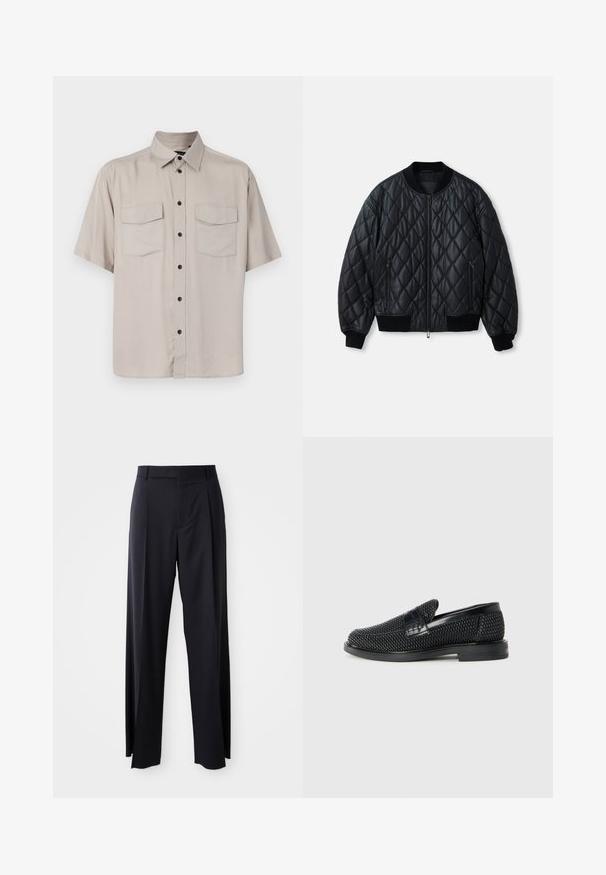 Giacca bomber nera trapuntata con scollo rotondo, zip frontale e polsini e orlo in maglia a coste. Realizzata in materiale morbido e leggero.; Camicetta a maniche corte di un beige chiaro, con colletto, due tasche a patta e bottoni neri sul davanti. Tessuto liscio, non testurizzato.; Pantaloni neri a vita alta con gamba larga, realizzati in tessuto liscio. Presentano pieghe frontali e passanti per cintura. Design minimalista, senza hardware visibile.; Scarpa nera a mocassino intrecciata con un accentuato in pelle liscia sulla parte superiore, design a punta rotonda e suola in gomma a profilo basso.