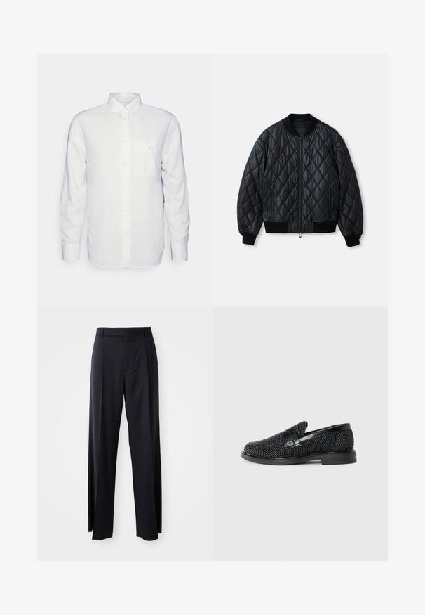Must/kihisega bomber-jakk mustas värvitoonis, ümarate kaelustega, ees lukuga ning ribakootud mansettide ja alläärega. Valmistatud siledast, kergekaalulisest materjalist.; Pikkade varrukatega valge puuvillane särk, millel on nööbitav krae, eesmine tasku ja tavaline lõike. Tekstureeritud kangas, mille pind on sile.; Mustad, kõrge vöökohtaga püksid laia säärte lõikega, valmistatud siledast kangast. Omab ees plekke ja vöörihmade jaoks silmuseid. Minimalistlik disain, nähtavat riistvara pole.; Must musta kootud slip-on king, millel on pehme nahast accent ülaserval, ümmargune varvas ja madal profiiliga kummitald.
