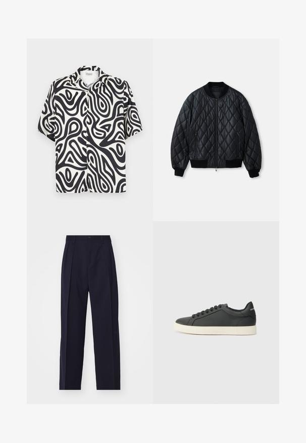 Giacca bomber nera trapuntata con scollo rotondo, zip frontale e polsini e orlo in maglia a coste. Realizzata in materiale morbido e leggero.; Camicia a maniche corte con bottoni in bianco e nero con motivi astratti e organici a spirale. Realizzata in un tessuto liscio e traspirante.; Pantaloni blu navy, su misura, con un design a gamba dritta, pieghe sul davanti, chiusura con bottone e senza tasche visibili. Tessuto di texture liscia.; Sneaker in pelle nera con profilo basso, punta tondeggiante e chiusura stringata; presenta una suola in gomma testurizzata e dettaglio del logo sul tallone.