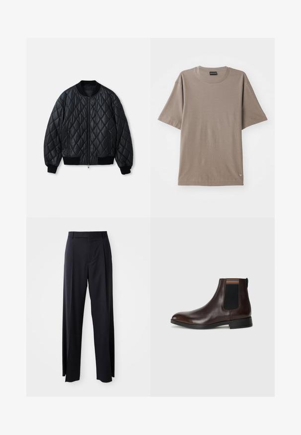 Black quilted bomber jacket with a round neckline, front zipper, and ribbed knit cuffs and hem. Made from smooth, lightweight material.; Brown short-sleeve t-shirt with a crew neck design, featuring a subtle textured pattern and a small logo tag on the lower left side.; Black, high-waisted trousers with a wide-leg cut, made of smooth fabric. Features front pleats and belt loops. Minimalistic design, no visible hardware.; Brown leather Chelsea boot with a smooth finish, elastane side panels, and a multi-colored striped accent at the top. Rounded toe and black sole.