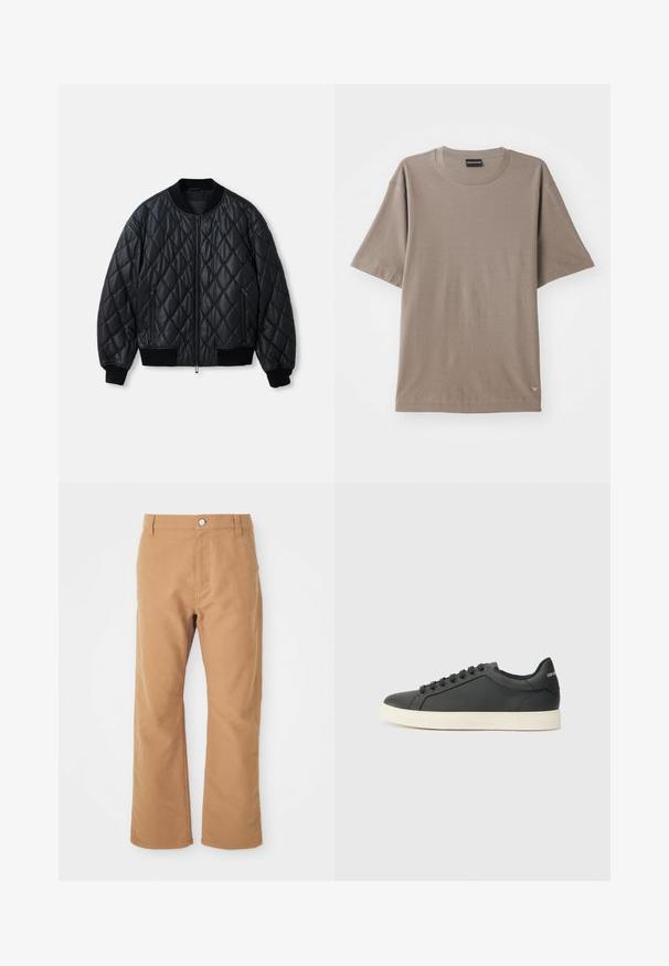 Melna quiltota bomberjakas ar apaļu dekoltē, priekšējo rāvējslēdzēju un ribu adījuma aprocēm un apakšmalu. Izgatavots no gludas, vieglas materiāla.; Brūns īsām piedurknēm T-krekls ar apaļu kakla izgriezumu, kam ir smalks faktūras raksts un mazs logotipa birka apakšējā kreisajā pusē.; Brūni kokvilnas bikses ar taisnu kāju dizainu, izceļoties ar vienu pogu un smalku šuvju, kas piešķir papildu detaļas.; Melna ādas kedas ar zemu profilu, noapaļotu purngalu un savelkamu aizdari; ar teksturētu gumijas zoli un logotipa detaļu uz papēža.