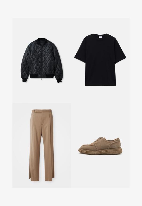 Schwarze, gesteppte Bomberjacke mit rundem Halsausschnitt, Frontreißverschluss und gerippten Strickbündchen sowie Saum. Hergestellt aus glattem, leichtem Material.; Schwarzes, oversized T-Shirt mit kurzen Ärmeln und rundem Ausschnitt, mit sichtbarem Filippa K Markenlabel im Kragen.; Hellbraune, maßgeschneiderte Hosen mit geraden Beinen, Gürtelschlaufen, vorderem Naht und verdecktem Verschluss, flach auf weißem Hintergrund dargestellt.; Braune Wildleder-Schnürschuhe mit einer abgerundeten Zehenpartie, strukturiertem Korksohle und einem leicht erhöhten Absatz. Einfache Nähte an den Seiten.
