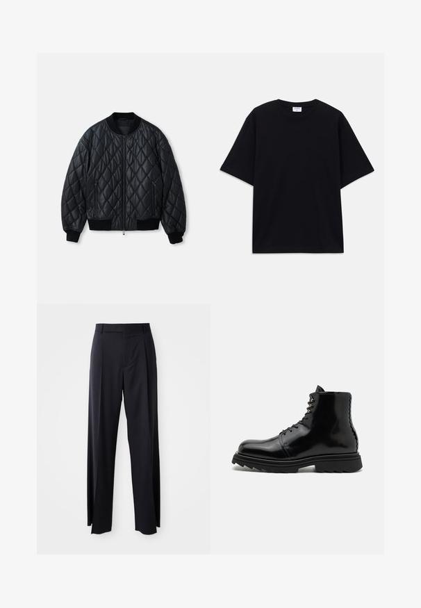 Giacca bomber nera trapuntata con scollo rotondo, zip frontale e polsini e orlo in maglia a coste. Realizzata in materiale morbido e leggero.; T-shirt oversize nera a maniche corte con scollatura rotonda e etichetta del marchio Filippa K visibile all'interno del colletto.; Pantaloni neri a vita alta con gamba larga, realizzati in tessuto liscio. Presentano pieghe frontali e passanti per cintura. Design minimalista, senza hardware visibile.; The Antipode Stivaletti stringati - black