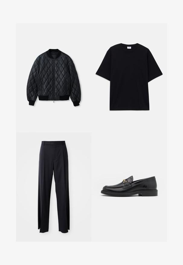 Jachetă bomber matlasată neagră cu guler rotund, fermoar frontal și mansete și tiv din tricot ribatat. Fabricată dintr-un material neted și ușor.; Tricou oversized cu mânecă scurtă, de culoare neagră, cu decolteu rotund și etichetă Filippa K vizibilă în interiorul gulerului.; Pantaloni negri, cu talie înaltă și croi evazat, dintr-un material fin. Prezintă pliseuri frontale și buzunare cu curea. Design minimalist, fără accesorii vizibile.; Loaferi din piele neagră cu vârf rotunjit, dotati cu accente aurii și detalii de cusătură, așezați pe o talpă joasă din cauciuc texturat.