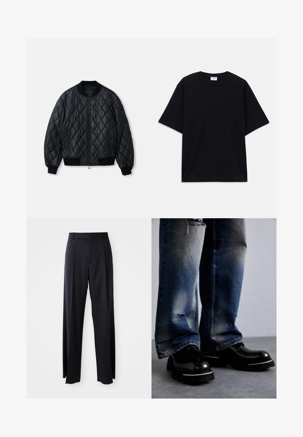 Giacca bomber nera trapuntata con scollo rotondo, zip frontale e polsini e orlo in maglia a coste. Realizzata in materiale morbido e leggero.; T-shirt oversize nera a maniche corte con scollatura rotonda e etichetta del marchio Filippa K visibile all'interno del colletto.; Pantaloni neri a vita alta con gamba larga, realizzati in tessuto liscio. Presentano pieghe frontali e passanti per cintura. Design minimalista, senza hardware visibile.; Scarpe in pelle nera con finitura lucida, dotate di una suola spessa e una striscia bianca. Indossate con pantaloni in denim blu usurati che mostrano leggeri segni di sbiadimento.