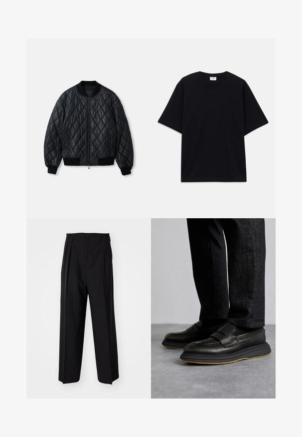 Black quilted bomber jacket with a round neckline, front zipper, and ribbed knit cuffs and hem. Made from smooth, lightweight material.; Black short-sleeve oversized T-shirt with round neckline and visible Filippa K brand label inside the collar.; Black pleated trousers with a straight, wide-leg design. Made from smooth fabric, featuring a button closure and belt loops.; The Antipode COLLEGE - Slip-ons - black