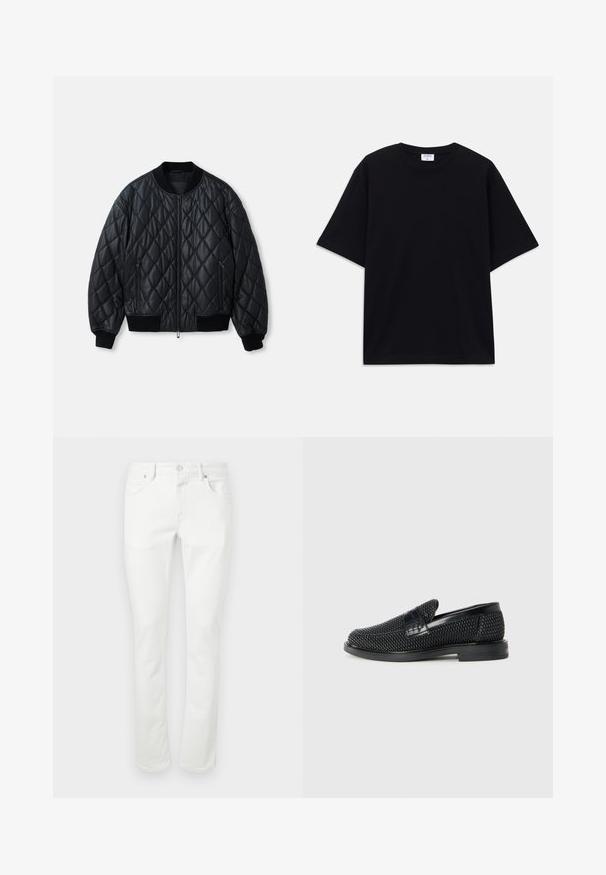 Melna quiltota bomberjakas ar apaļu dekoltē, priekšējo rāvējslēdzēju un ribu adījuma aprocēm un apakšmalu. Izgatavots no gludas, vieglas materiāla.; Melns īsām piedurknēm oversize T-krekls ar apaļu kakla izgriezumu un redzamu Filippa K zīmola birku iekškaklā.; Baltas džinsu auduma bikses ar taisnu griezumu, piecu kabatu dizainu un metāla pogu aizdari. Gluda tekstūra un minimālas šuvju detaļas.; Melnas austas slaidu kurpes ar gludu ādas akcentu augšpusē, apaļas formas purngalu un zemas profila gumijas zoli.