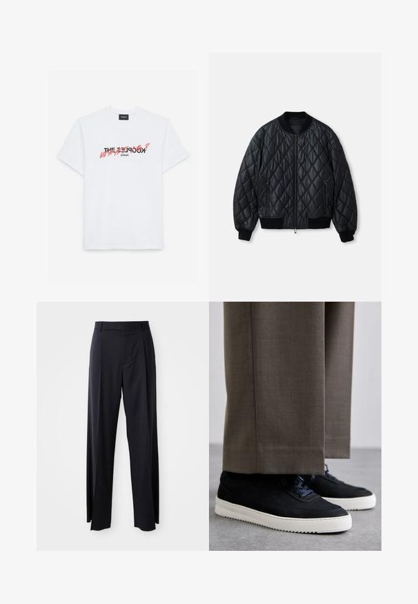 Chaqueta bomber acolchada negra con cuello redondo, cremallera frontal y puños y dobladillo de punto acanalado. Fabricada con un material suave y ligero.; Camiseta blanca de algodón con mangas cortas que presenta un estampado gráfico en negro y coral. El texto dice: "¿THE KOOPLES? ¿QUÉ?" y "PARÍS."; Pantalones negros de tiro alto con corte de pierna ancha, confeccionados en una tela suave. Presenta pliegues en la parte delantera y trabillas para cinturón. Diseño minimalista, sin hardware visible.; Zapatillas de ante negro con suelas de goma blanca, que presentan una puntera redondeada y cordones, llevadas con pantalones grises a medida.