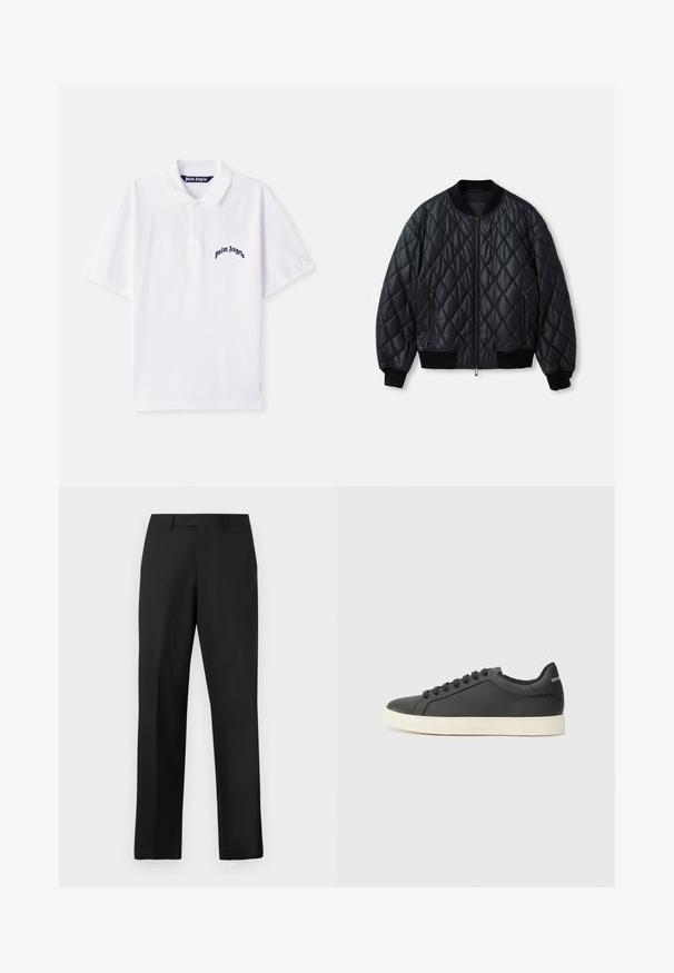 Fekete steppelt bomber dzseki kerek nyakkal, elülső cipzárral, bordázott kötött mandzsettával és hemmel. Simább, könnyű anyagból készült.; Fehér pamut póló rövid ujjú, bal mellrészen tengerészkék hímzett "Palm Angels" logóval.; Fekete, egyenes szárú nadrág sima anyagból. Standard derékpánttal rendelkezik, és nincsenek látható minták vagy díszítések.; Fekete bőr sportcipő alacsony profilú, lekerekített orral és fűzős záródással; texturált gumitalppal és logó részlettel a saroknál.