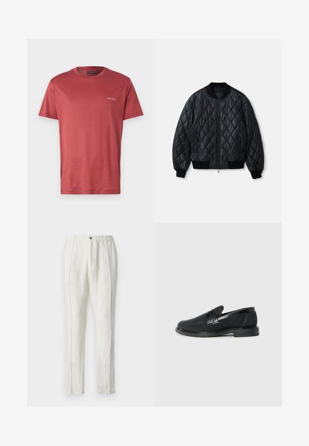 Chaqueta bomber acolchada negra con cuello redondo, cremallera frontal y puños y dobladillo de punto acanalado. Fabricada con un material suave y ligero.; Camiseta de algodón roja con mangas cortas, cuello redondo y pequeño logotipo bordado en el lado izquierdo del pecho. Textura suave y diseño casual.; Pantalones de lino blancos con un corte relajado, caracterizados por una cintura con cuerda, dos pliegues delanteros y piernas rectas. Textura suave y diseño minimalista.; Zapato negro de tejido con un acento de cuero suave en la parte superior, diseño de punta redonda y suela de goma de perfil bajo.