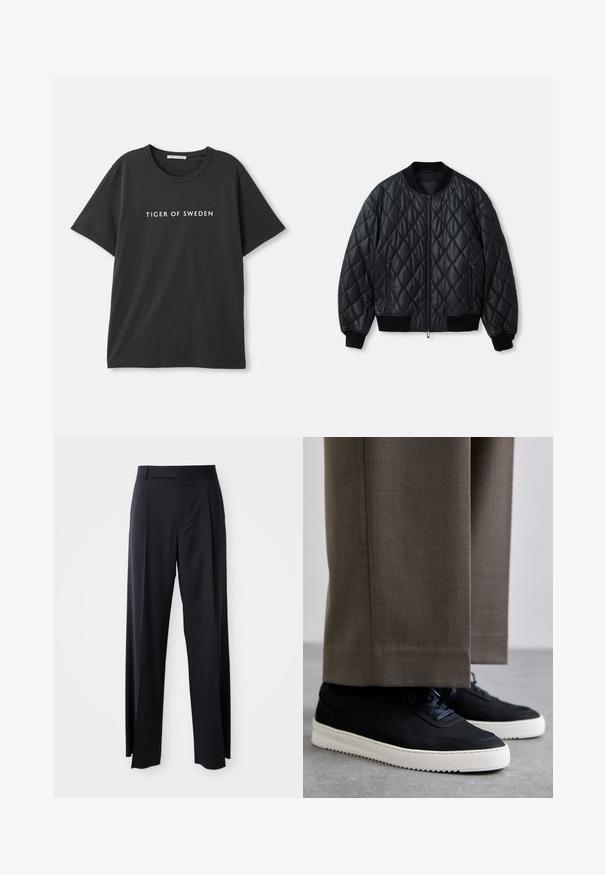 Casaco bomber acolchoado preto com decote redondo, fecho frontal e punhos e bainha em malha canelada. Feito de material suave e leve.; T-shirt preta feita de algodão, com mangas curtas e decote redondo. Texto "TIGER OF SWEDEN" impresso em branco na parte da frente.; Calças pretas de cintura alta, com corte amplo, feitas de um tecido suave. Apresentam pregas frontais e passadores para cinto. Design minimalista, sem hardware visível.; Sapatilhas de camurça pretas com solas de borracha brancas, apresentando um bico arredondado e atacadores, usadas com calças cinzas ajustadas.