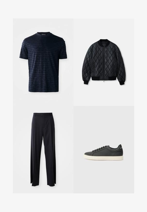 Veste bomber matelassée noire avec un col rond, fermeture éclair devant et poignets et ourlet en tricot côtelé. Fabriquée à partir d'un matériau lisse et léger.; T-shirt à manches courtes bleu marine en tissu texturé, arborant un motif script en relief et un col rond.; Pantalon noir taille haute à pattes larges, en tissu lisse. Présente des plis sur le devant et des passants de ceinture. Design minimaliste, sans matériel visible.; Baskets en cuir noir avec un profil bas, bout rond et fermeture lacée ; elles présentent une semelle en caoutchouc texturée et un détail de logo au niveau du talon.