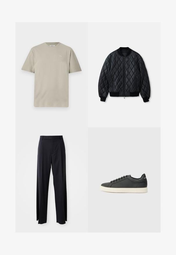 Črna prešita bomberska jakna z okroglim izrezom, sprednjim zadrgo in rebrastimi pletenimi manšetami ter obrobom. Narejena iz gladkega, lahkega materiala.; Svetlo taupe bombažna majica s kratkimi rokavi, okroglo izrezom in majhno natisnjeno logo na levem prsnem delu. Mehka, gladka tekstura.; Črne hlače visoke pasu s širokimi nogavicami, narejene iz gladkega blaga. Imajo sprednje gube in zanko za pas. Minimalističen dizajn, brez vidnih dodatkov.; Črne usnjene superge z nizkim profilom, okroglo špičko in vezalkami; vsebujejo teksturiran gumijast podplat in detajl z logotipom na peti.