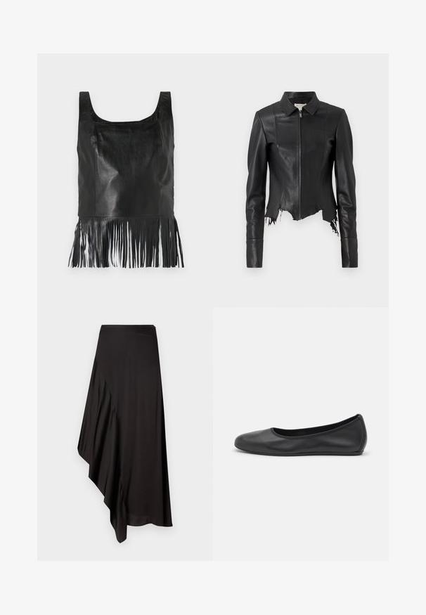 Giacca in pelle nera corta con colletto, chiusura a zip frontale e una tasca sul petto; presenta orlo sfilacciato e dettagli delle cuciture. Texture liscia.; Top maniche corte in pelle nera con scollatura quadrata, caratterizzato da dettagli in frange lunghe all'orlo e una texture liscia.; AERON ASTER SKIRT - Gonna a tubino - black; Pantofole da balletto nere in pelle con punta arrotondata, texture liscia, dettagli di cucitura minimi e design con suola flessibile.