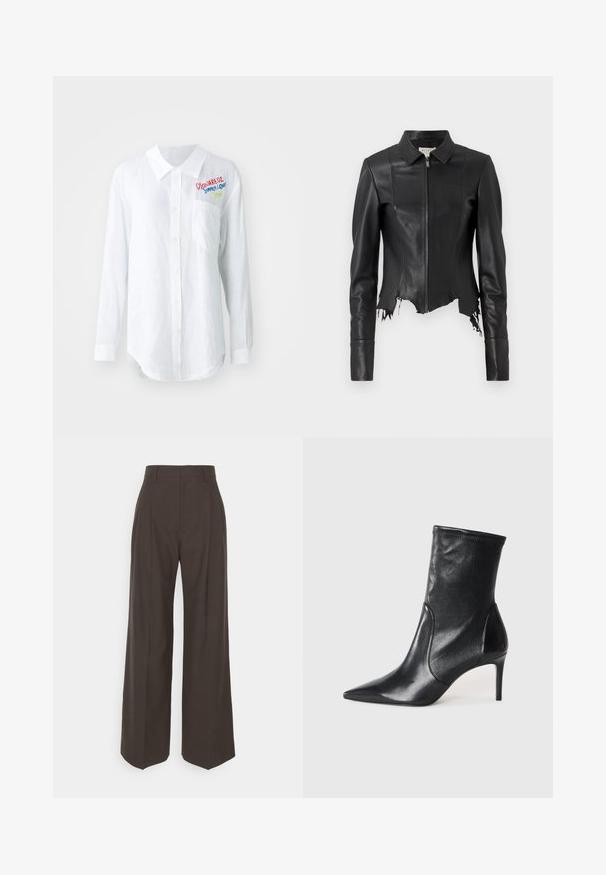 Sort cropped læderjakke med krave, lynlås foran og en enkelt brystlomme; har frynset kant og sømdetaljer. Glat tekstur.; Hvid langærmet skjorte i hør med spids krave, knappelukning, venstre lomme og farverig broderet tekst på brystet.; Mørkebrune brede bukser med høj talje, der har pænt pressede folder, glat overflade og en skræddersyet pasform.; Sorte ankelstøvler lavet af glat læder, med spids tå, tætsiddende skaft og en slank høj hæl. Minimalistisk design uden synligt hardware.