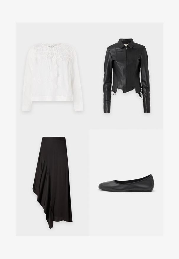 Black cropped leather jacket with a collar, zip front, and a single chest pocket; features frayed hem and seam detailing. Smooth texture.; White long-sleeve blouse featuring floral embroidery, a round neckline with ties, and a relaxed fit. Lightweight fabric with a subtle texture.; AERON ASTER SKIRT - Pencil skirt - black; Black leather ballet flat with a rounded toe, smooth texture, minimal stitching detail, and a flexible sole design.