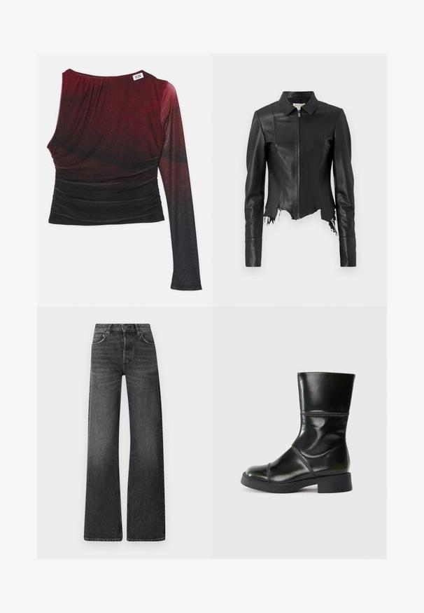 Juoda trumpa odinė striukė su apykakle, užtrauktuku priekyje ir viena kišene krūtinėje; turi vidinį siūlų dekoravimą ir nusidėvėjusį apdailą. Lygi tekstūra.; Raudonas ir juodas ilgomis rankovėmis viršus su figūrą pabrėžiančiu siluetu, susiraukšlėtomis detalėmis ir apvaliu iškirpimu. Lygus audinys su ombre efektu.; Juodos džinsai su aukštu liemeniu ir plačiomis kojomis. Turi penkias kišenes ir subtilų išblukusį tekstūrą su kontrastingais siuvinėjimais.; Juodas odinis kulkšninis botas su apvaliu smaigaliu, lygia danga, kontrastingomis siūlėmis ir storu kulnu, turintis šiek tiek siaurėjantį siluetą.