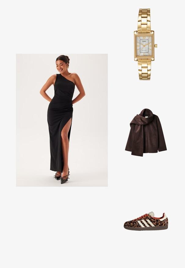 Brązowa kurtka z mieszanki wełny z szerokim kołnierzem w kształcie szalika i otwartym przodem. Miękka faktura, luźny krój i brak widocznych zapięć.; Czarna, wieczorowa sukienka na jedno ramię z wysokim rozcięciem na udzie, dopasowany krój, gładki materiał i smukła sylwetka. Połączona z czarnymi szpilkami.; Sneakers w nadrukiem lamparta z zamszowego materiału, czerwonymi sznurówkami i trzema białymi paskami z boku. Wyróżniają się kremowym językiem i brązową podeszwą.; Czarna skórzana torebka z pikowanym wzorem, złotymi okuciami i łańcuszkowym paskiem. Modelka trzyma ją na tle pomarańczowej sukienki o fakturze.; Złoty prostokątny zegarek na nadgarstek z białą tarczą, srebrnymi znacznikami godzin i wytrzymałym metalowym bransoletą. Wbudowana funkcja wodoodporna.