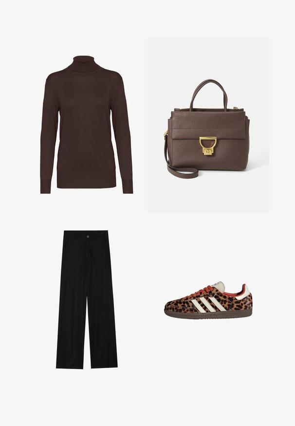 Pruun villasegude sviiter laia sallikaeluse ja avatud ettekujundusega. Pehme tekstuur, mugav lõige ja nähtavad kinnitused puuduvad.; Pruun rebane kaelusega sviiter, mis on valmistatud ribakudumist. Omab pikki varrukaid ja liibuvaid siluette, kõrget kaelust ja ühetoonilist värvi.; Laiad mustad püksid, mis on valmistatud siledast kangast, esipoolse taskuga ja nööbkinnitusega vööl. Minimalistlik disain ilma mustriteta.; Leopardi mustriga tossud, valmistatud nubukmaterjalist, punased paelad ja kolm valget triipu külgedel. Omab kreemjat keelt ja pruunist põhja.; Pruun nahkne käekott tekstureeritud pinnaga, kuldse riistvaraga, ülestõstetavad käepidemed ja eemaldatav õlalihas; omab esiflapiga klapiga sulgemist.; Kuldtooni ristkülikukujuline käekell valge puidust näidikuga, hõbedaste tundide markeritega ja vastupidava metallist link-ribaga. Veekindel omadus on kaasas.