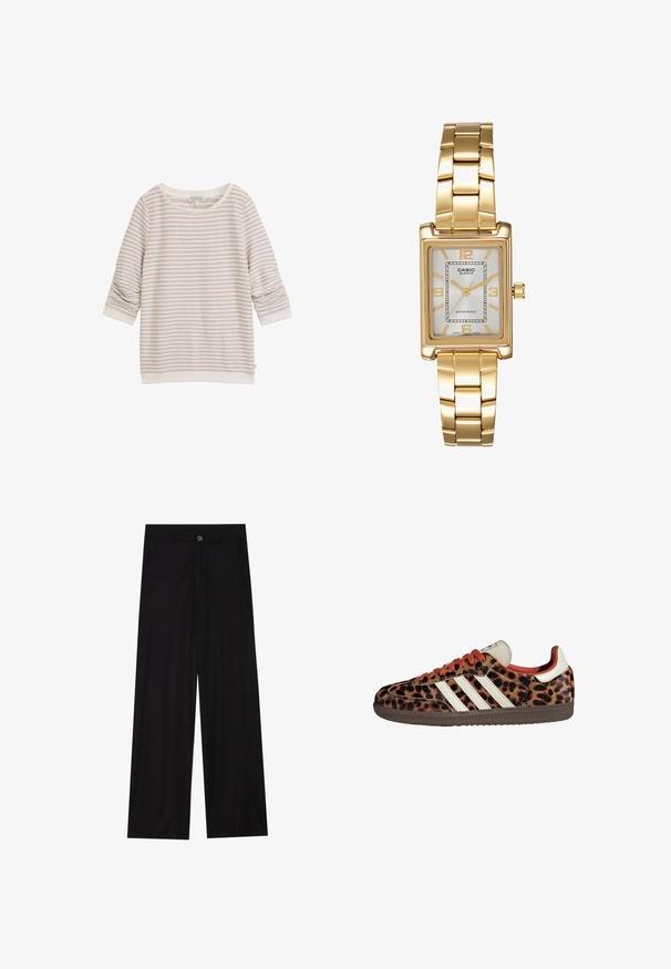 Hnedý kabát z vlnenej zmesi so širokým šálovým golierom a otvoreným predným dizajnom. Mäkká textura, voľný strih a bez viditeľných zapínaní.; Svetloružový pruhovaný sveter s trojštvrťovými rukávmi, okrúhlym výstrihom a rebrovanými manžetami. Vyrobený z mäkkej tkaniny s jemnou textúrou.; Široké čierne nohavice vyrobené z hladkej tkaniny, so šikmými prednými vreckami a gombíkovým zapínaním v páse. Minimalistický dizajn bez vzorov.; Tenisky s leopardím vzorom zo semišu, červenými šnúrkami a tromi bielymi pruhmi na bokoch. Majú krémovú jazyk a hnedú podrážku.; Zlatý obdĺžnikový náramkový hodinky s bielym ciferníkom, striebornými indexmi a odolným kovovým náramkom. Obsahuje vodoodolnú funkciu.