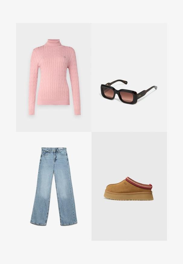 Ruda vilnos mišinio striukė su plačiu šaliku ir atviru priekiniu dizainu. Minkšta tekstūra, laisvas siluetas ir neatsirandančios užsegimų.; GANT TURTLENECK - Džemperis - dusty pink; Šviesiai mėlynos plačios kojų džinsai, pagaminti iš džinsinio audinio, su klasikiniu penkių kišenių dizainu ir tiesiai kirpimu, su minimaliu blukimu ant kojų.; Rudos zomšos paslydimo bateliai su raudona ir kreminėmis raštuotomis juostelėmis, tekstūruotu padu ir UGG logotipu šone. Atskiria šiek tiek padidinta platforma.; Stačiakampiai saulės akiniai su tamsiais šelako rėmeliais, gradientinėmis rudomis stiklinėmis ir auksinėmis detalėmis ant šventyklų. Lygi tekstūra, ryškus dizainas.; Ruda odinė rankinė su tekstūruotu paviršiumi, auksiniais aksesuarais, viršutiniais rankenomis ir nuimamu peties diržu; turi priekinį dangtelį su užsegimu.