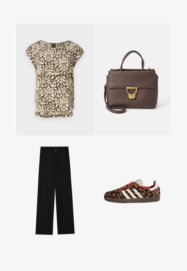 Rjava jakna iz volnenega mešanega materiala z širokim ovratnikom in odprtim sprednjim delom. Mehka tekstura, sproščen kroj in brez vidnih zapiranj.; Srajca s kratkimi rokavi, olivno zelena z nekajličnim abstraktnim vzorcem, okroglo izrezana, mehka tkanina, ohlapen kroj, subtilen zadrga detajl na hrbtu.; Široke črne hlače iz gladkega materiala, ki imajo sprednje žepe in gumbno zapiranje v pasu. Minimalistična zasnova brez vzorcev.; Teniske z leopardjim vzorom iz semiša, rdečimi vezalkami in tremi belimi črtami ob strani. Imajo kremasto barvo jezička in rjavo podplat.; Rjava usnjena torbica z zatesnjeno površino, zlatim okovjem, vrhnjimi ročkami in snemljivim ramenskim trakom; ima sprednji pokrov z zapiranjem na zaponko.; Zlato obarvana pravokotna ročna ura z belo številčnico, srebrnimi kazalci in trdno kovinsko zapestnico. Vključena je vodoodporna funkcija.