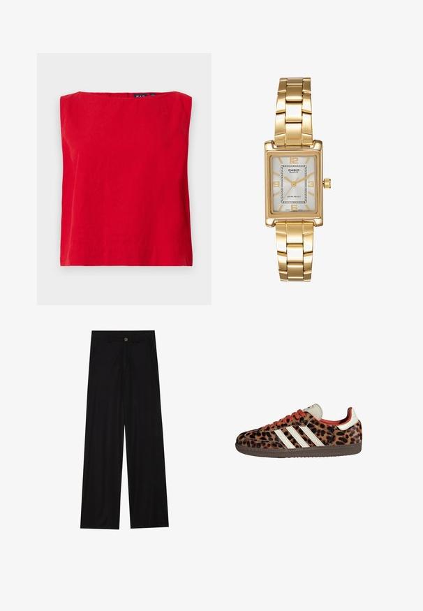 Chaqueta de mezcla de lana marrón con un amplio cuello de bufanda y diseño de frente abierto. Textura suave, corte relajado y sin cierre visible.; Top corto rojo de manga corta con escote cuadrado, hecho de algodón ligero, que presenta una textura suave y un dobladillo recto.; Pantalones negros de pierna ancha hechos de una tela suave, con bolsillos delanteros y cierre de botón en la cintura. Diseño minimalista sin patrones.; Zapatillas con estampado de leopardo en material de ante, cordones rojos y tres franjas blancas en el lateral. Presenta una lengüeta color crema y suela marrón.; Reloj de pulsera rectangular de tono dorado con esfera blanca, marcadores de horas de tono plateado y una duradera pulsera de metal. Incluye función de resistencia al agua.