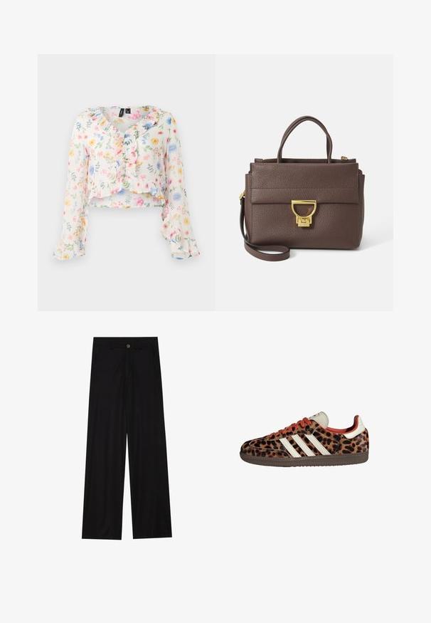 Pruun villasegude sviiter laia sallikaeluse ja avatud ettekujundusega. Pehme tekstuur, mugav lõige ja nähtavad kinnitused puuduvad.; Lillekaaluline lillemusteriga top kergetest materjalidest. Omab volangidega kaela- ja varrukaäärte. Peamised värvid on valge, roosa, kollane ja sinine.; Laiad mustad püksid, mis on valmistatud siledast kangast, esipoolse taskuga ja nööbkinnitusega vööl. Minimalistlik disain ilma mustriteta.; Leopardi mustriga tossud, valmistatud nubukmaterjalist, punased paelad ja kolm valget triipu külgedel. Omab kreemjat keelt ja pruunist põhja.; Pruun nahkne käekott tekstureeritud pinnaga, kuldse riistvaraga, ülestõstetavad käepidemed ja eemaldatav õlalihas; omab esiflapiga klapiga sulgemist.; Kuldtooni ristkülikukujuline käekell valge puidust näidikuga, hõbedaste tundide markeritega ja vastupidava metallist link-ribaga. Veekindel omadus on kaasas.