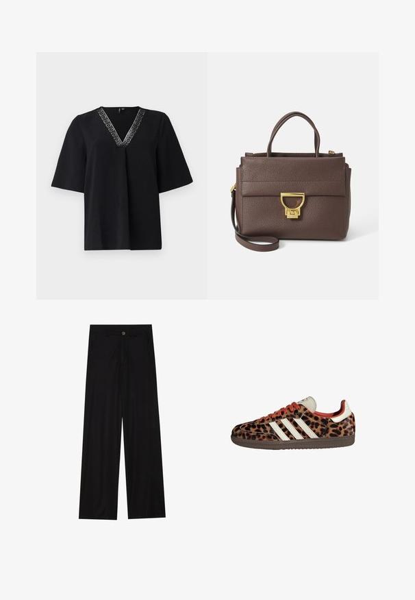 Ruda vilnos mišinio striukė su plačiu šaliku ir atviru priekiniu dizainu. Minkšta tekstūra, laisvas siluetas ir neatsirandančios užsegimų.; Juodas trumpas rankovėmis viršus su V formos iškirpte, puoštu sidabriniu raštuotu apvadu aplink iškirptę, pagamintas iš švelnios, tekstūruotos medžiagos.; Plati juodos kelnės, pagamintos iš lygaus audinio, su priekinėmis kišenėmis ir mygtuko užsegimu liemenyje. Minimalistinis dizainas be raštų.; Leopardų rašto sportbačiai, pagaminti iš zomšos, raudonos raiščiai ir trys baltos juostelės šone. Yra kreminės spalvos liežuvėlis ir rudos spalvos padas.; Ruda odinė rankinė su tekstūruotu paviršiumi, auksiniais aksesuarais, viršutiniais rankenomis ir nuimamu peties diržu; turi priekinį dangtelį su užsegimu.; Aukso spalvos kvadratinis laikrodis su baltu ciferblatu, sidabro spalvos valandų žymekliais ir patvariu metaliniu apyrankiu. Įtrauktas vandeniui atsparus funkcionalumas.